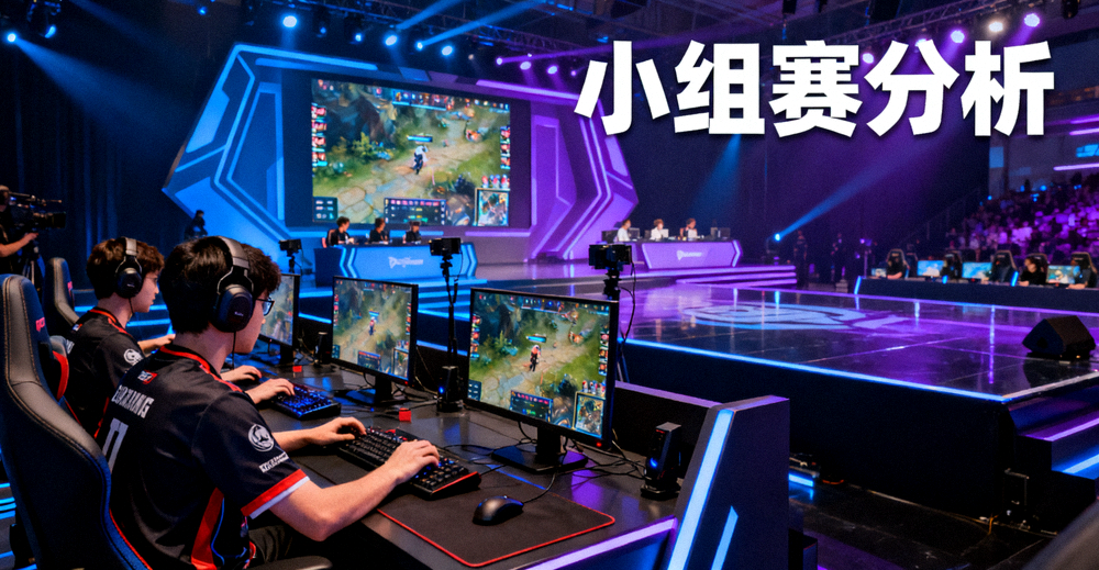 电竞赛事舞台上的战队选手与比赛大屏幕画面，对应电竞赛事小组赛分析文章