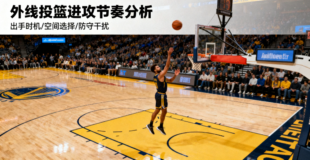 篮球比赛中球员在外线出手投篮的现场画面，对应篮球赛事进攻节奏分析文章