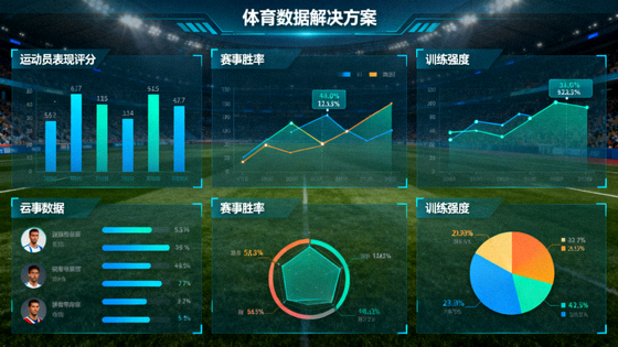 体育数据分析界面上的统计图表与指标展示，对应体育数据解决方案