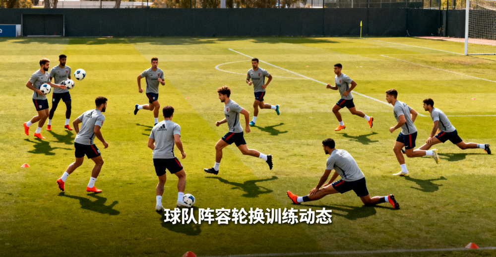 足球队在训练场进行传球与体能训练的画面，对应球队阵容轮换动态文章